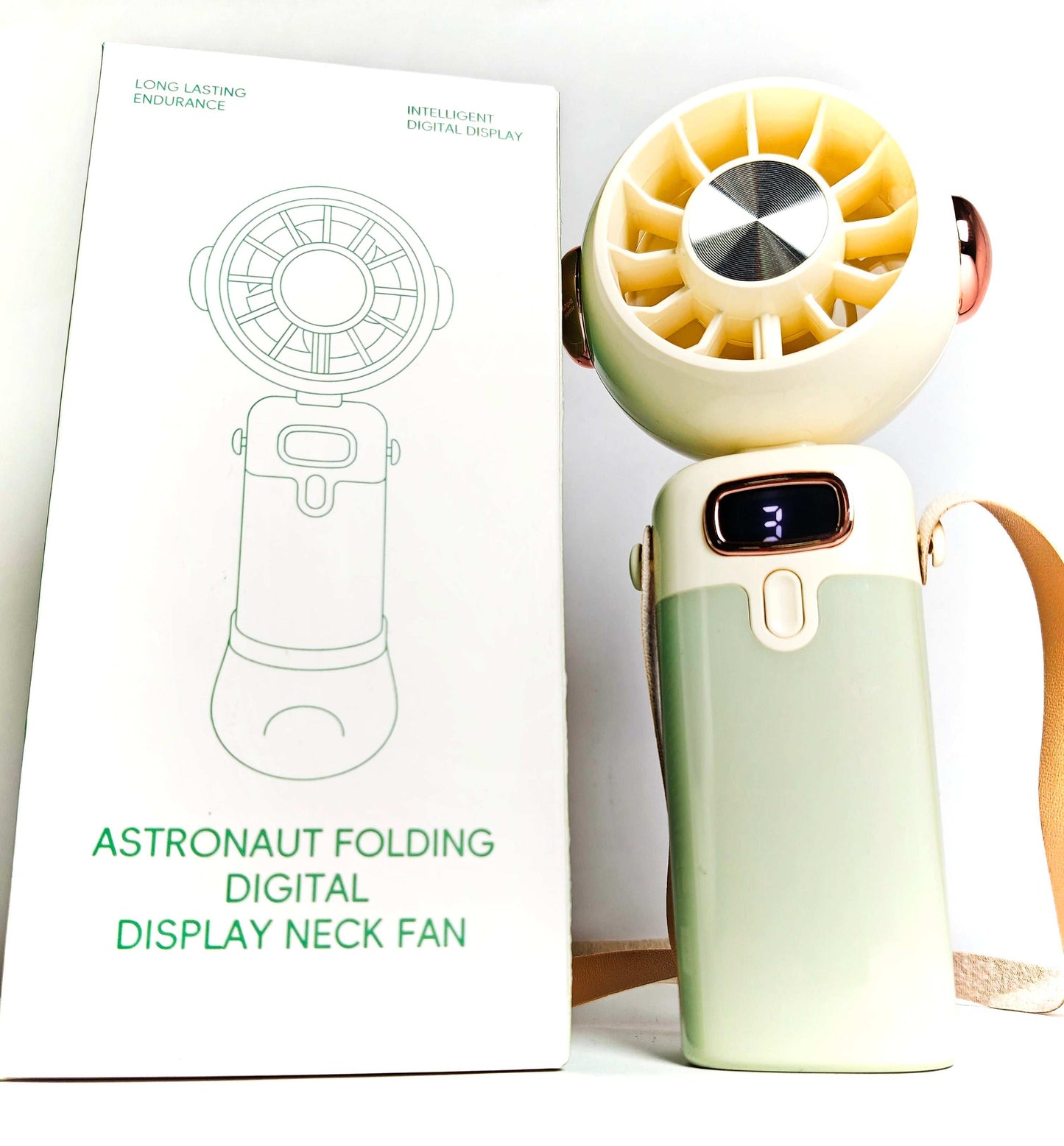 CUTIEPEA Astronaut Folding Digital Neck Fan – Portable USB Rechargeable Personal Cooler. Hands Free. Rotating Neck